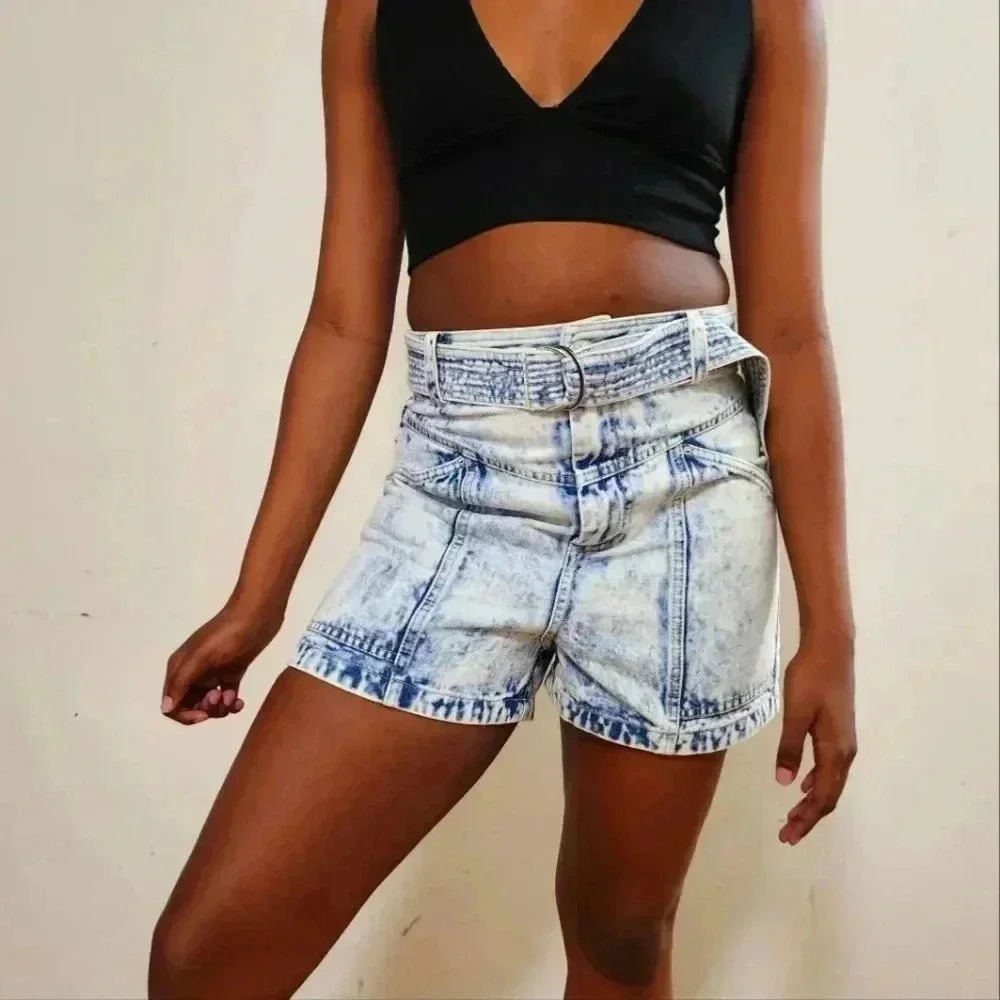 Magali Pascal womens Acid Wash Denim Shorts Tie Waist High Rise NWT L Summer